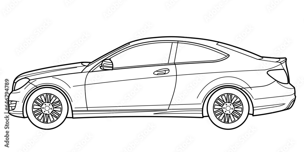Outline drawing of a classic modern luxary coupe car from side view. Classic modern style. Vector outline doodle illustration. Design for print or color book.