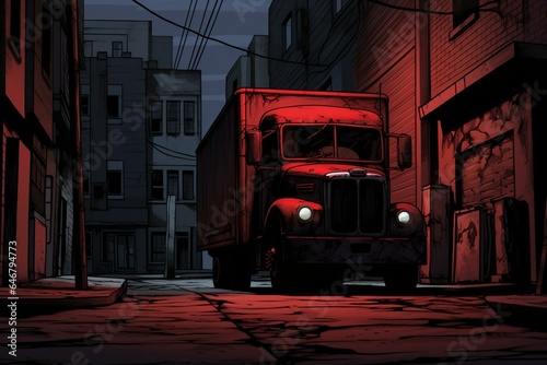 A crimson truck stationed in a shadowy urban lane. Digitally created. Generative AI