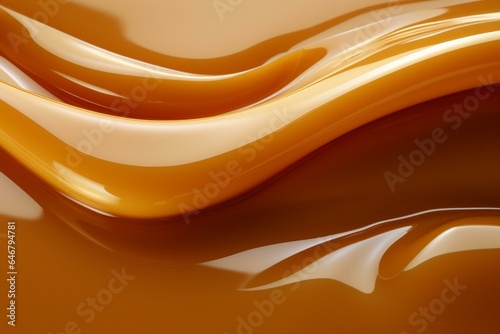 Macro close-up of smooth, golden caramel sauce flowing sensuously on a clean white background. Generative AI