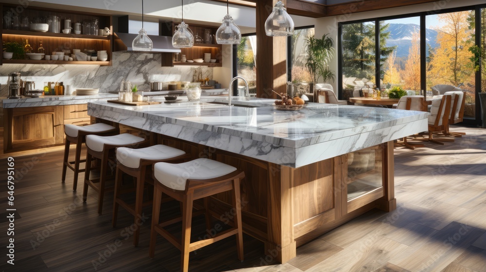 View of a luxury kitchen with marble countertops and kitchen appliances