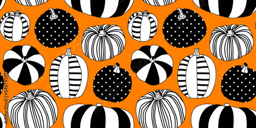 Modern painted halloween pumpkin seamless pattern illustration. Fall season harvest vegetable background print for october holiday celebration or thanksgiving event. Decorative hand drawn texture art.