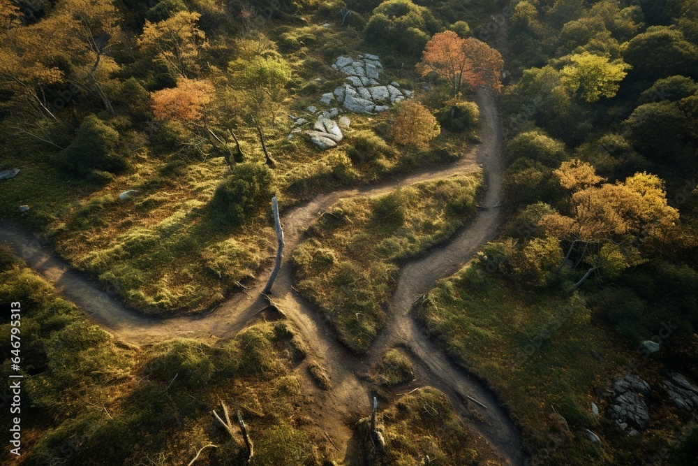 Bird's-eye view of a stunning winding path through a woodland. Generative AI