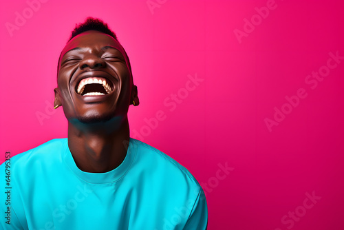 Colorful studio portrait of an ethnic man smiling happily. Pale blue and purple or pink. Generative AI