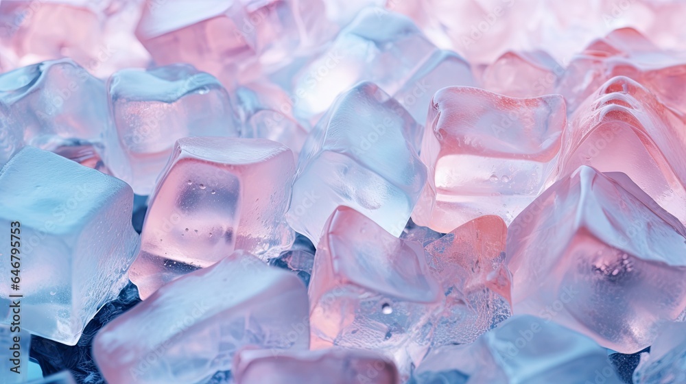 Iced cold, frosted cubes in pale blue, pale pink for a freezing winter feeling. Solidified, frozen liquid in clear, transparent, irregular cubes, shapes. Close-up of frozen water abstract background.