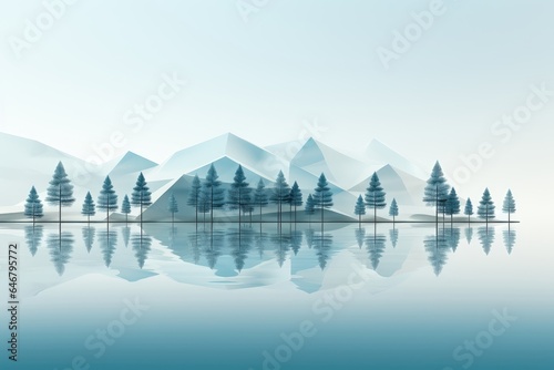 A Christmas background image for creative content showcasing a serene and abstract landscape with mountains, trees, and their reflection on a tranquil lake. Illustration