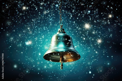 A Christmas background image designed for creative content, featuring a bell against the backdrop of a snowy, starry night sky with gently falling snow. Photorealistic illustration