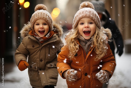 A perfect Christmas background image showcasing the pure joy of two children running together in the snow, with a beautifully blurred background. Photorealistic illustration
