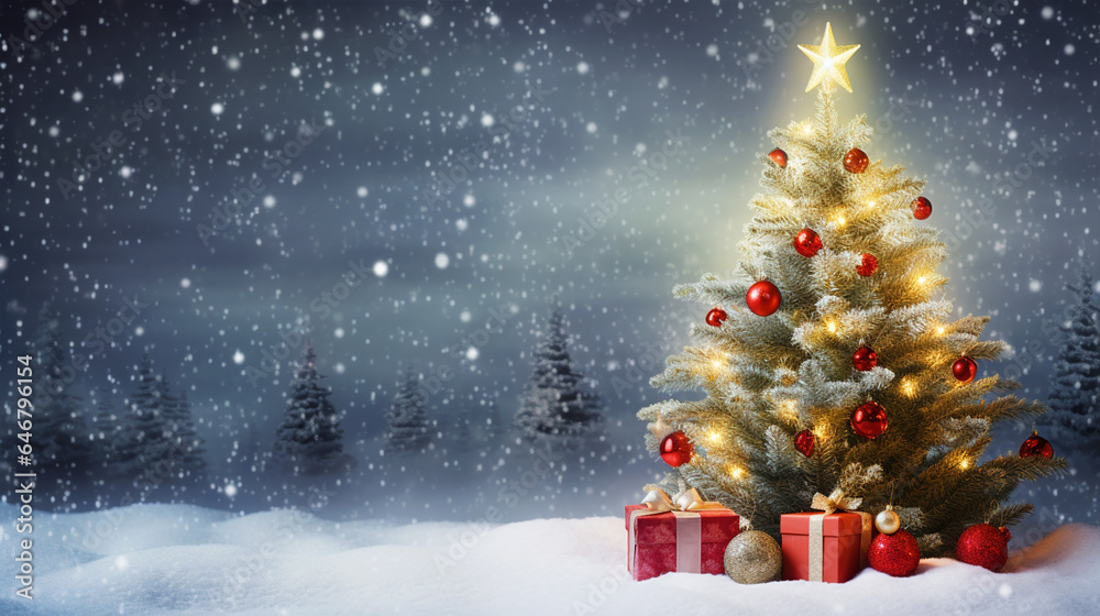 Obraz premium Beautiful decorated Christmas tree with gifts in snowfall - ai generative