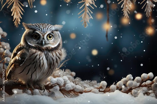 A customizable Christmas banner for creative content, featuring a Christmas owl with a snowy background and ample space for personalization. Photorealistic illustration © DIMENSIONS