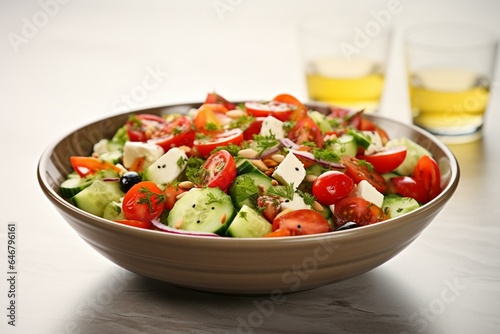 Fresh veggie and cheese salad on white background. Generative AI © Eris