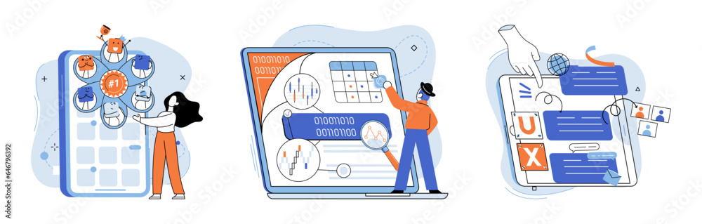 Application testing metaphor. Vector illustration. Software testing, final frontier before code goes live Application testing, diagnostic procedure for softwares health App test, rehearsal stage Application testing metaphor. Vector illustration. Software testing, final frontier before code goes live Application testing, diagnostic procedure for softwares health App test, rehearsal stage