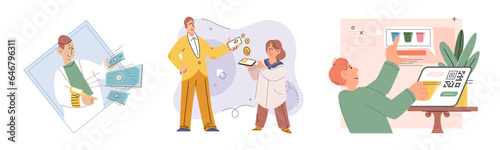 Cashless payment. Vector illustration. Contactless payment systems are widely accepted at restaurants, stores, and public transportation NFC-enabled devices cbe used to store loyalty cards