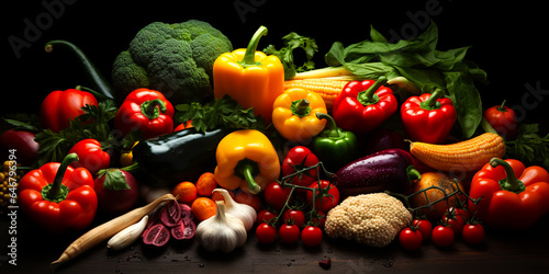 Healthy food banner. Set of pepper, tomatoes, garlic and other vegetables . On a black stone background.