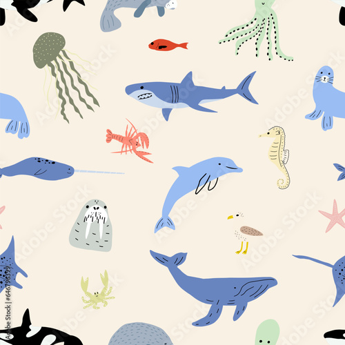 Sea animals seamless pattern. Cute aquatic fish  turtle  whale  narwhal  dolphin  octopus  starfish  crab  jellyfish  seal and other. Kids vector background.