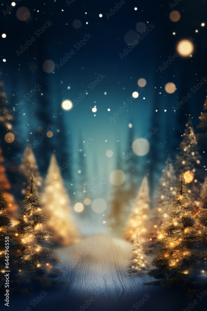 Stylish magical forest with Christmas trees and glowing bokeh lights Generative AI Stylish magical forest with Christmas trees and glowing bokeh lights Generative AI