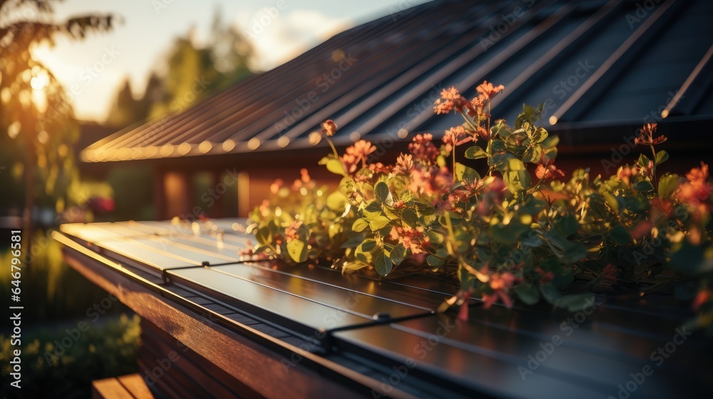 View of solar panels on house roof with sunlight