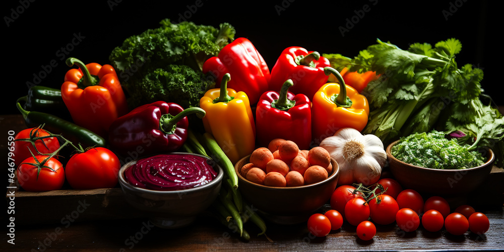Healthy food banner. Set of pepper, tomatoes, garlic and other vegetables . On a black stone background.