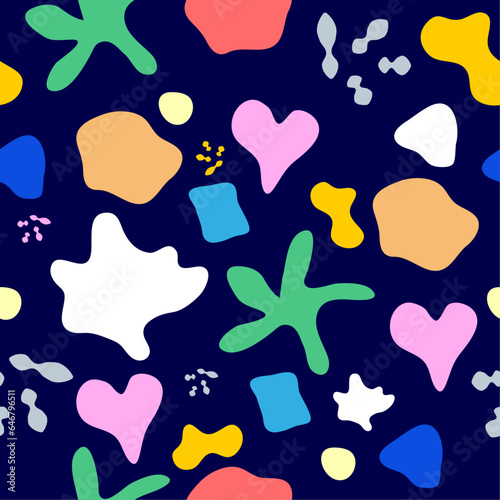 Seamless pattern with simple abstract colorful shapes resembling hearts, star, blots, uneven circles, or squares, executed in a doodle style. Vector graphics for fabric, backgrounds, or paper
