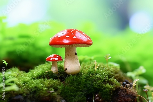 Two small toadstools on a green background.