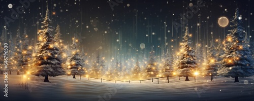 Stylish magical forest with Christmas trees and glowing bokeh lights Generative AI © LayerAce.com