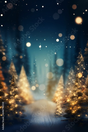 Stylish magical forest with Christmas trees and glowing bokeh lights Generative AI © LayerAce.com