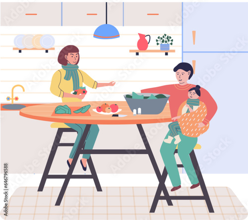 Home cooking. Family cooking healthy or vegetarian meal on table in kitchen. Mother, father and kid together in dining room. Mom teach daughter to prepare food. Proper nutrition and healthy lifestyle