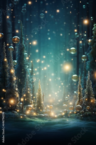 Stylish magical forest with Christmas trees and glowing bokeh lights Generative AI