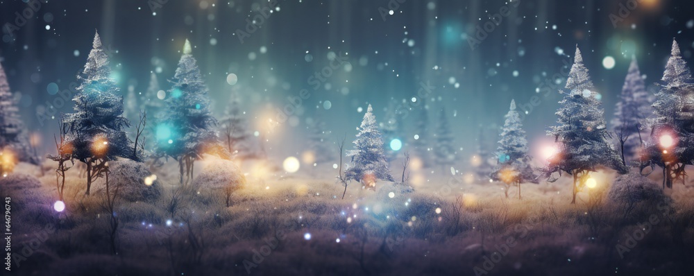 Stylish magical forest with Christmas trees and glowing bokeh lights Generative AI Stylish magical forest with Christmas trees and glowing bokeh lights Generative AI