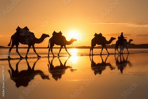 Stampa su tela Drover leads a caravan of camels on the salt lake at sunrise,Caravan at Sunrise,