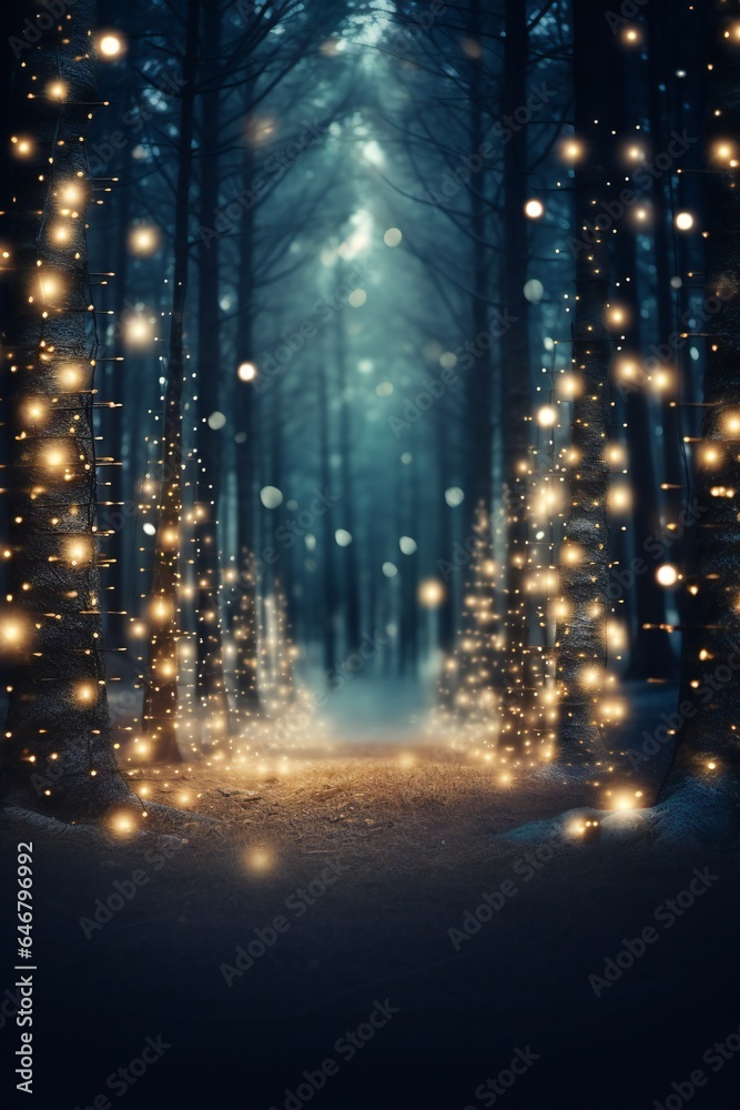 Stylish magical forest with Christmas trees and glowing bokeh lights Generative AI Stylish magical forest with Christmas trees and glowing bokeh lights Generative AI