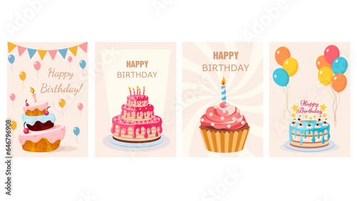 Happy birthday greeting card and party invitation set  vector illustration
