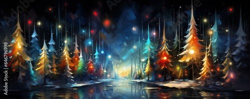 Stylish magical forest with Christmas trees and glowing bokeh lights Generative AI