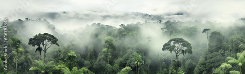 panorama of the rainforest tree tops in the fog. © kichigin19