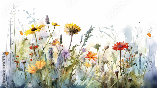 multicolored wildflowers watercolor field drawing summer. © kichigin19