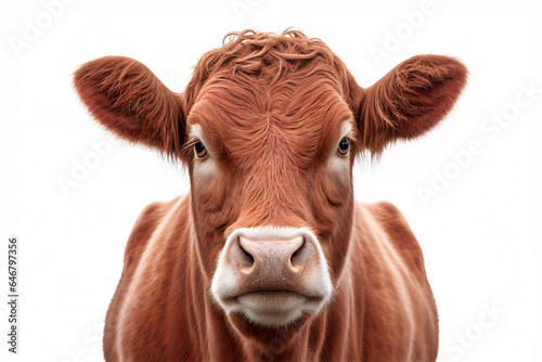 Red angus cow, beef cattle, front view portrait isolated on white background © Delphotostock