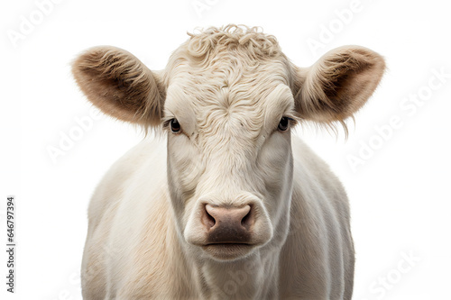 Charolais white cow, beef cattle, front view portrait isolated on white background