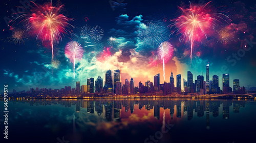New Year celebrations and lots of fireworks over city skyline at night. Postproducted generative AI illustration.