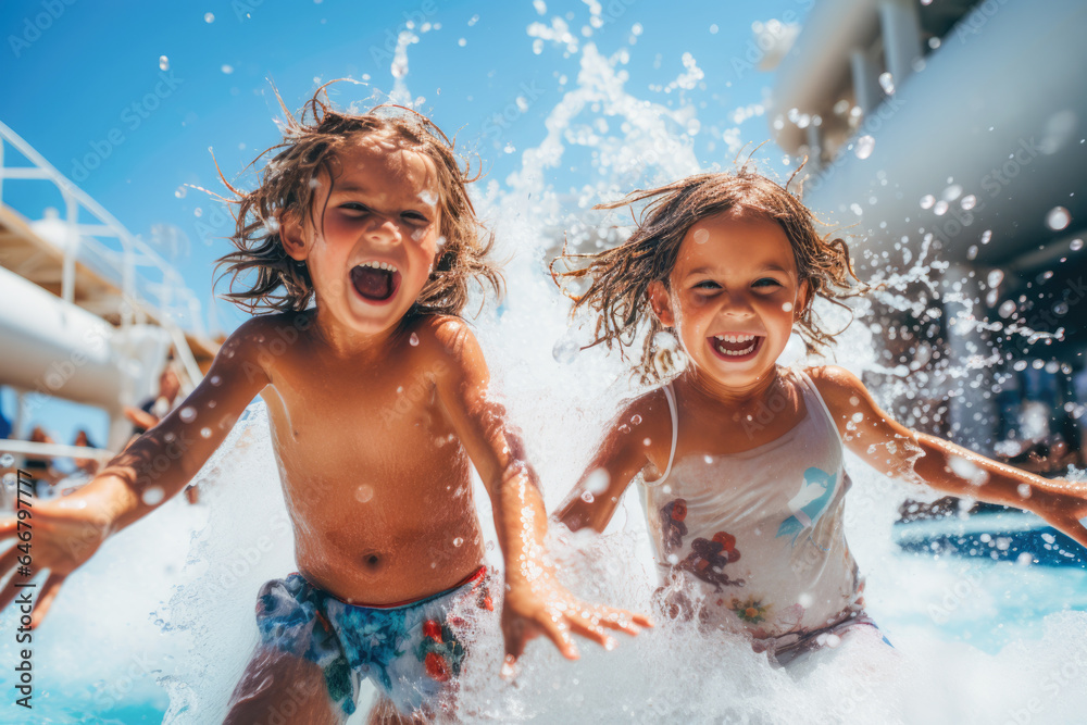Children enjoy playful moments, splashing with glee in the lively cruise ship pool area - obrazy, fototapety, plakaty 