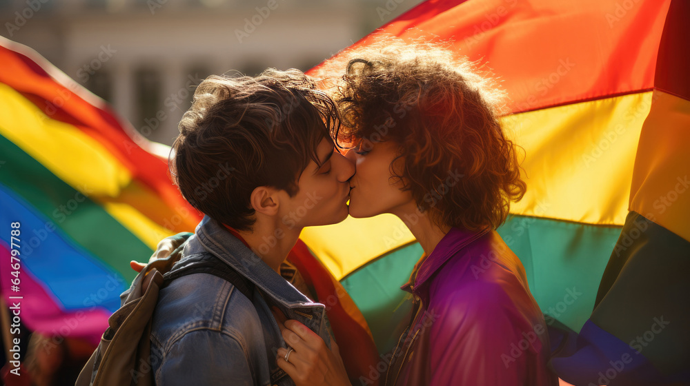 gay couple kissing, pride flag