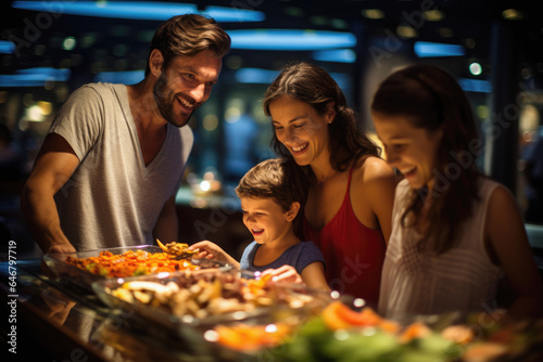 Family moment in the international cuisine at the cruise ship's buffet, culinary exploration at sea © Microgen