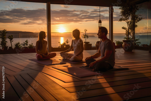 Fototapete Refreshing sunrise yoga session on the cruise ship deck.