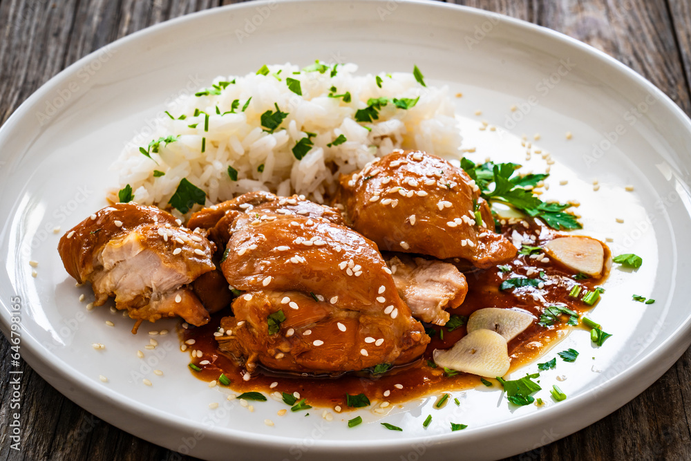 Hawaiian chicken style - shoyu chicken thighs with white rice on wooden table
Hawaiian chicken style - shoyu chicken thighs with white rice on wooden table