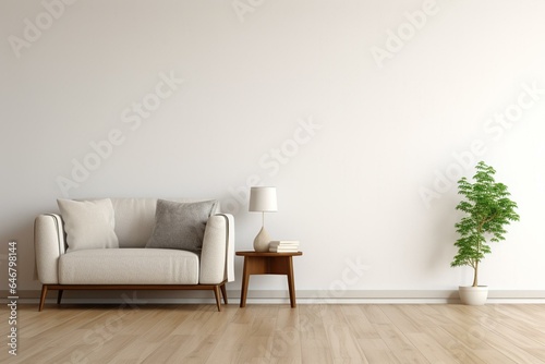 Minimalistic interior with white wall and brown wooden floor. Generative AI © Xanthe