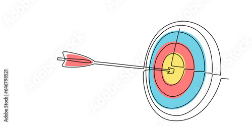 Target with arrow in continuous line style. Single one line illustration of goal circle with arrow in center white background. Business strategy concept. Arrow in target pad, goal. Vector illustration