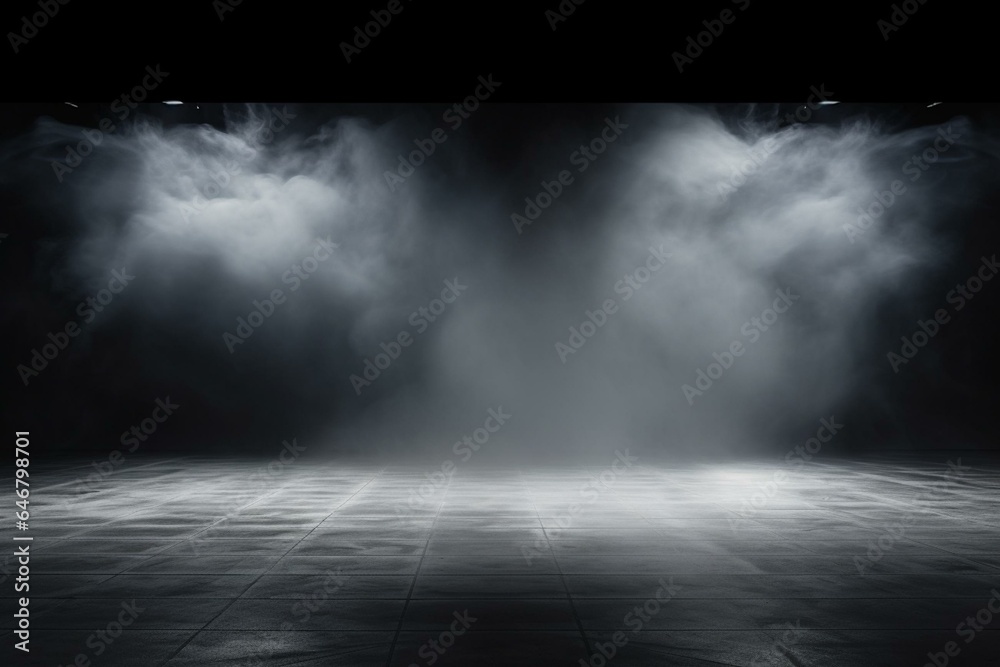 An abstract image of a dark room with a concrete floor. A black background resembling a room or stage for product placement. A panoramic view of abstract fog with white cloudiness,. Generative AI