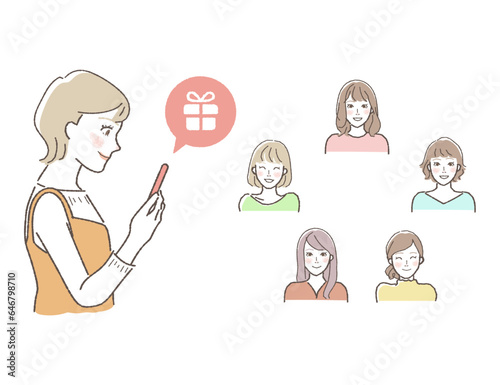 友達をスマホで招待する女性のイラスト