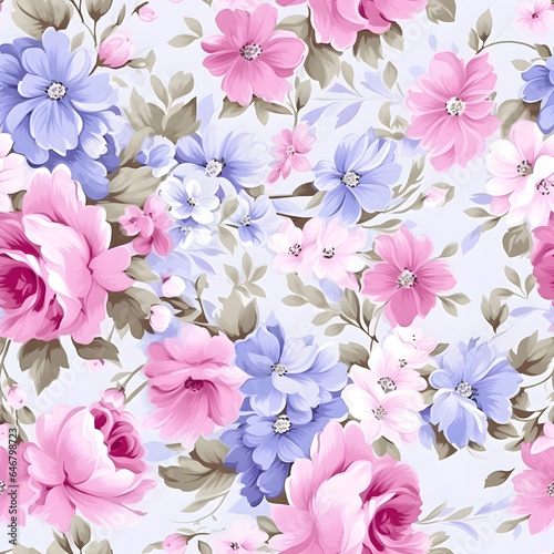 Seamless pattern purple, pink, and blue floral sheet in linen fabric, in the style of light sky - blue and light white © saranya