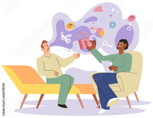Fototapeta Naklejka Na Ścianę i Meble -  Patient at psychoanalysis and CBT therapy with psychotherapist. Psychotherapy session with cognitive analysis. Mental health, psychology, hypnosis. Correction of patients behavior and emotions