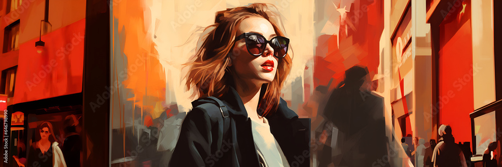 Girl in sunglasses painting portrait, in the style of street fashion. Girl in sunglasses painting portrait, in the style of street fashion.
