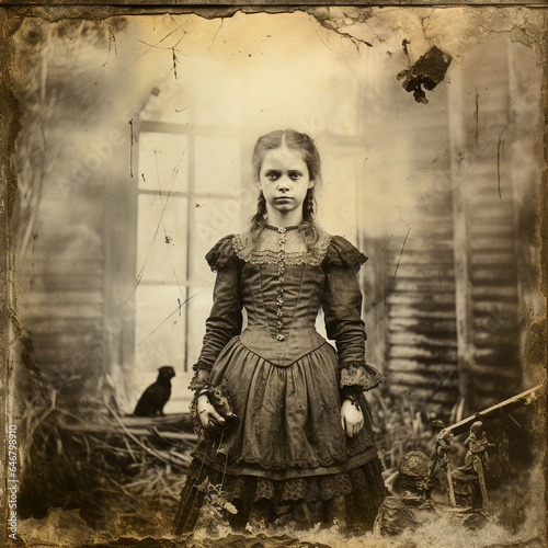 A sepia victorian portrait of a demure but demonic little girl